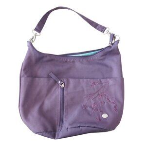 Haiku Plum Hobo Bag Embroidered Floral Design, Recycled Fabric Teal Interior
